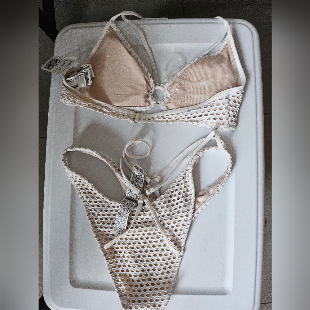 Forever 21 white string net triangle top bikini set large L - Picture 2 of 3